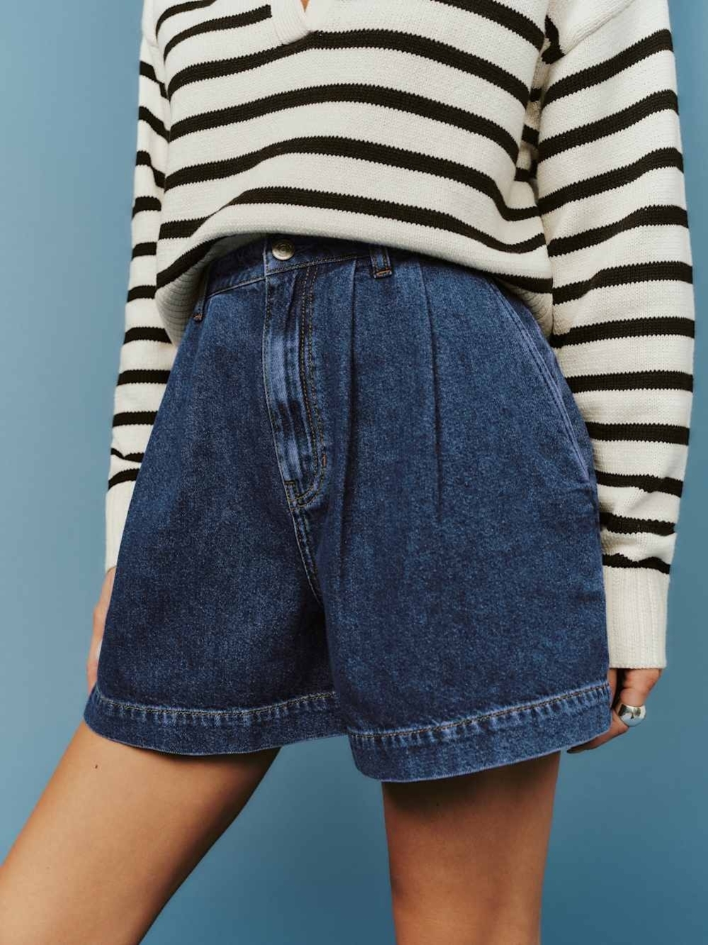 Reformation Dark Blue High-Waist Pleated Denim Shorts